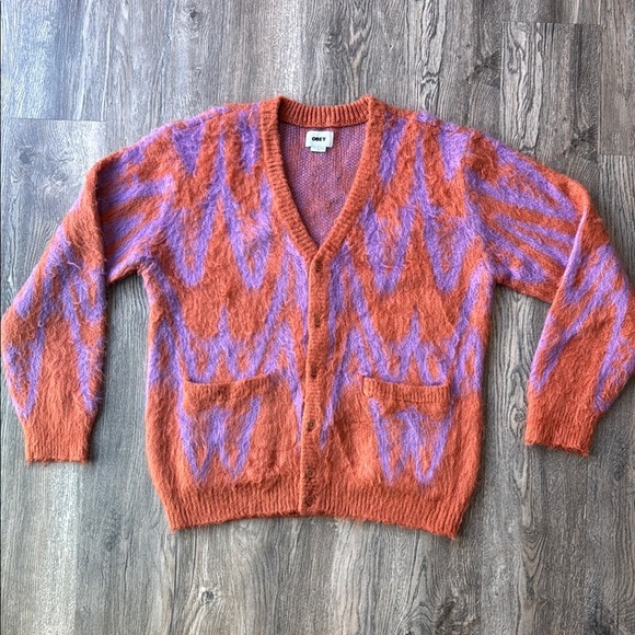 Obey Sweater Orange and Purple Copper Multi Helix Fuzzy Cardigan Size Medium - Picture 1 of 15